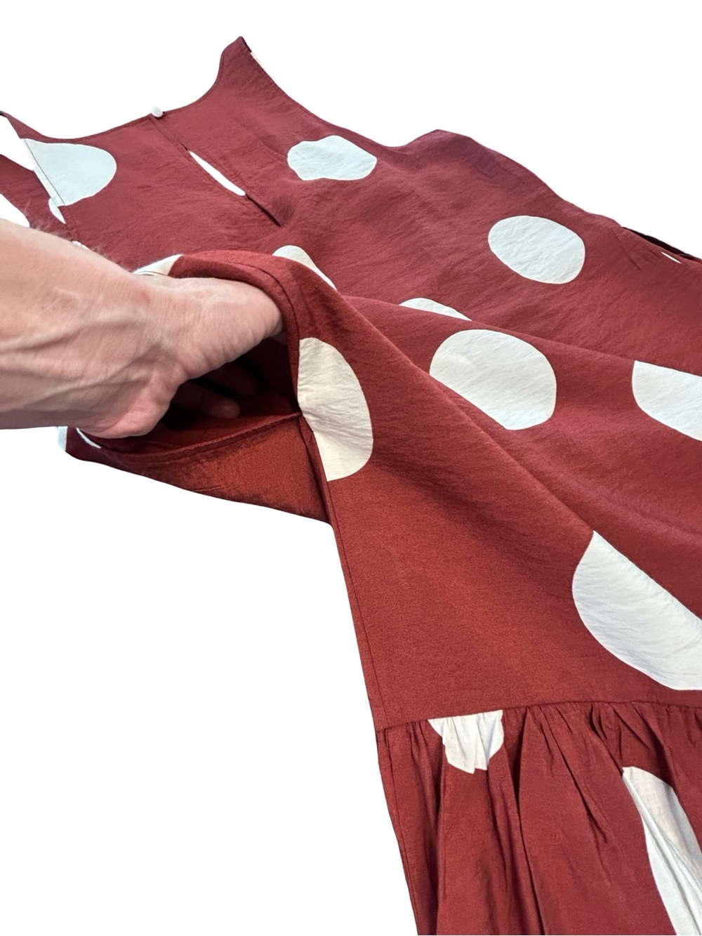 Anthropologie Polka Dot Midi Dress Small Burgundy White Sleeveless Ruffle Hem S - Picture 7 of 11